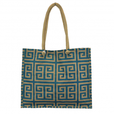 15- BLUE & TAN GREEK KEY JUTE BAG